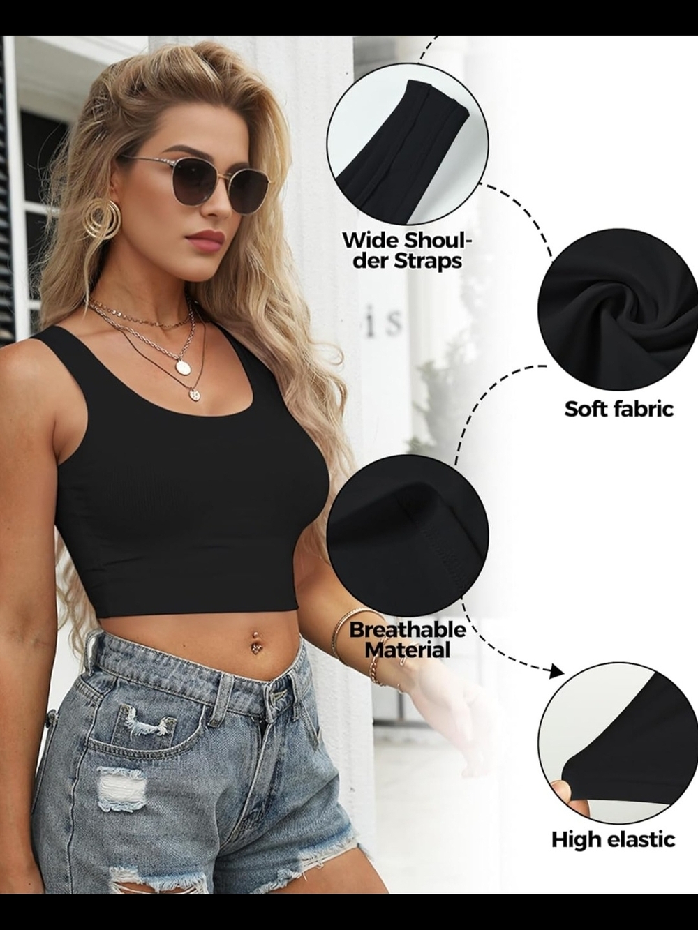 Black Scoop Neck Cropped Tank Top with Wide Straps